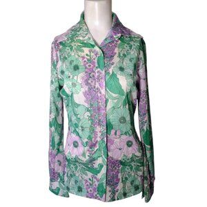 Vintage Jack Winter Floral Polyester Button Front Shirt S/M Disco Stretch Point